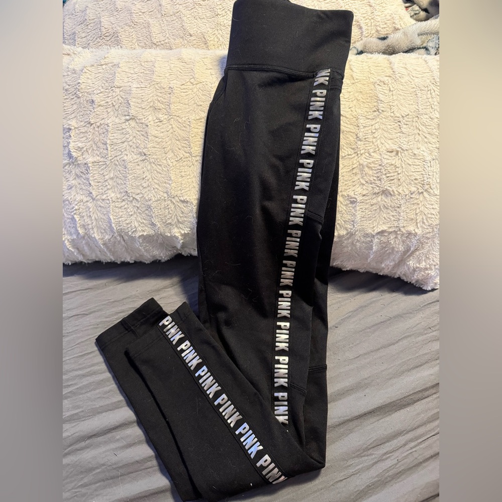 PINK Victoria's Secret Black Cozy fleece lined  Leggings with Logo